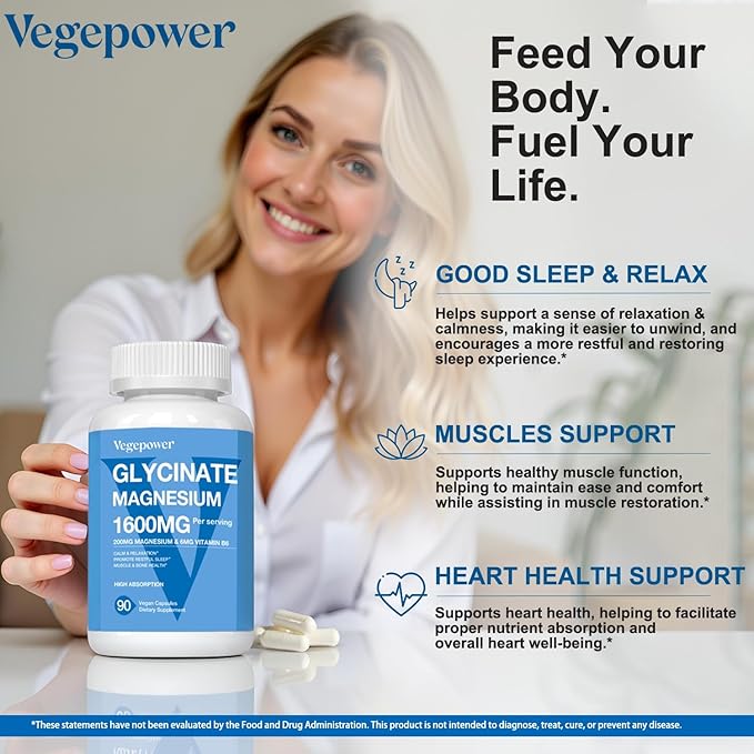 Magnesium Glycinate Supplements 1600mg - with Vitamin B6 Zinc, Vitamin D3, Vegan Bisglycinate Magnesium for Sleep, Muscle, Bone Health, High Absorption, Gentle On Stomach, Non-GMO, 180 Caps